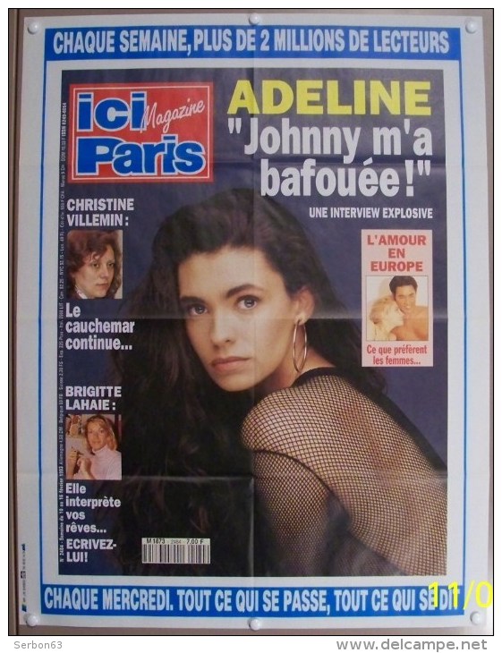 JOHNNY HALLYDAY ADELINE COLLECTIONNEZ LES AFFICHES PRESSE PUBLICITE ICI PARIS 57X75cm LAHAIE 16/02/1993 N°2484 - Affiches