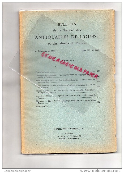 86 -  POITIERS- BULLETIN SOCIETE ANTIQUAIRES DE L'OUEST- 1958- PIERRE HELOT- J. DEHERGNE-SALLES LAVAUGUYON - Poitou-Charentes