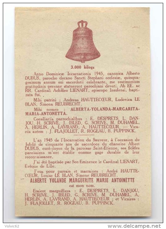 Carte Sur La Bénédiction Du Bourdon De La Paroisse St Etienne De Lille Cloche Scan Recto/ Verso - Imágenes Religiosas