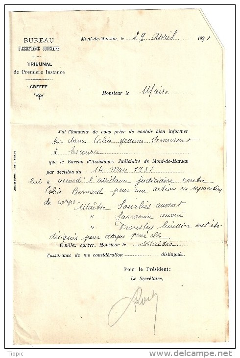 Lettre -  Cachet  Au  Départ  De  Mont - De Marsan     ( 40 )  à  Destination De Mr Le MAIRE  D' Escource   ( 40 ) - 1921-1960: Modern Period