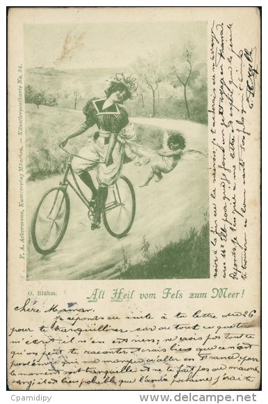 CYCLISME / VELO - "All Heil Vom Fels Zum Meer" - Femme Sur Une Bicyclette Avec Un Petit  Ange Lui Tirant Les Habits - Cyclisme