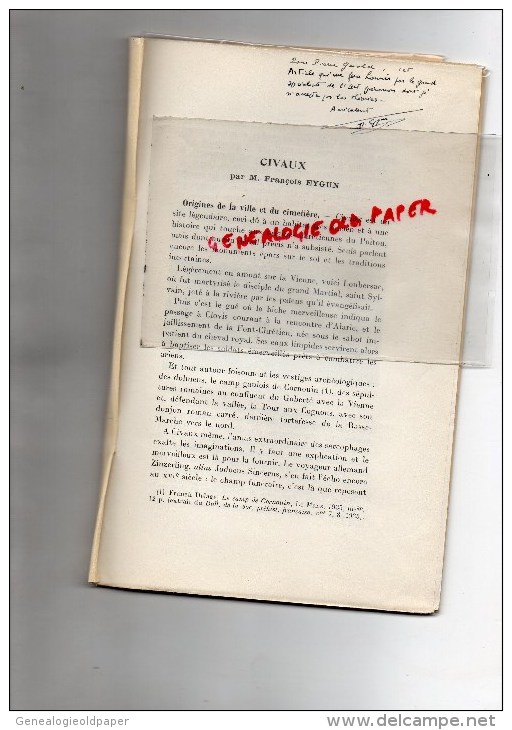 86 - CIVAUX - FRANCOIS EYGUN -  EXTRAIT DU CONGRES ARCHEOLOGIQUE POITIERS 1952- AVEC DEDICACE DE L' AUTEUR - Poitou-Charentes