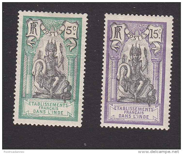 French India, Scott #30, 34, Mint Hinged, Brahma, Issued 1914 - Unused Stamps