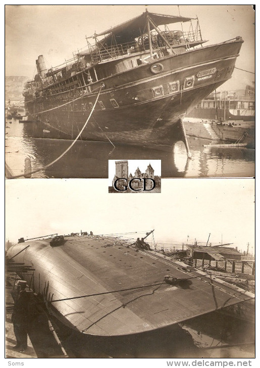 Lot De 2 Photographies Anciennes, Paquebot "Dumbéa" Chaviré à Marseille, Photos Léon Mouret En Octobre 1919 + Tampons - Boats
