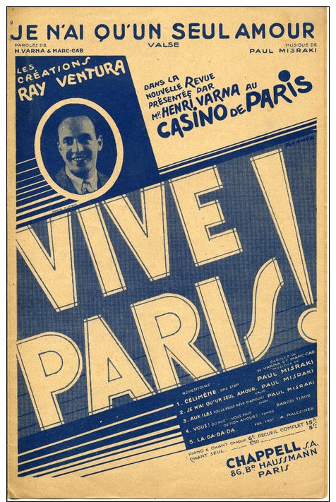 CAF CONC PARTITION***RAY VENTURA JE N´AI QU´UN SEUL AMOUR REVUE VIVE PARIS CASINO MISRAKI 1933 ORIGINAL SUPER - Altri & Non Classificati