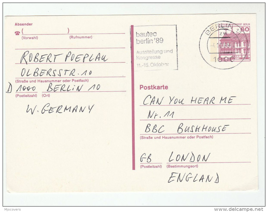 1989 West BERLIN GERMANY Cover BAUTEC BERLIN Slogan Construction Industry Faire Postal Stationery Card Stamps - Postkarten - Gebraucht