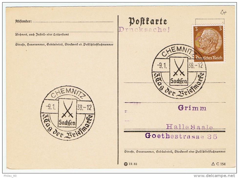 Allemagne / Journée Du Timbre 1938 /  Chemnitz - Lettres & Documents