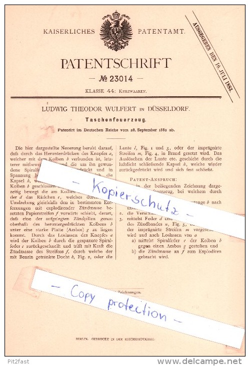 Original Patent - Ludwig Theodor Wulfert In Düsseldorf , 1882 , Taschenfeuerzeug , Feuerzeug !!! - Andere & Zonder Classificatie