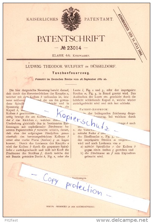 Original Patent - Ludwig Theodor Wulfert In Düsseldorf , 1882 , Taschenfeuerzeug , Feuerzeug !!! - Sonstige & Ohne Zuordnung