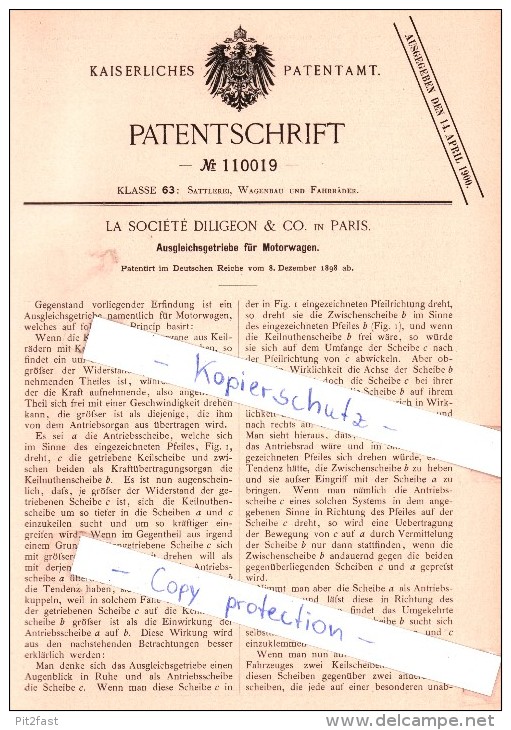 Original Patent - La Societe Diligeon & Co. à Paris , 1898 , Boîte De Vitesses Pour Véhicules Automobiles !!! - KFZ