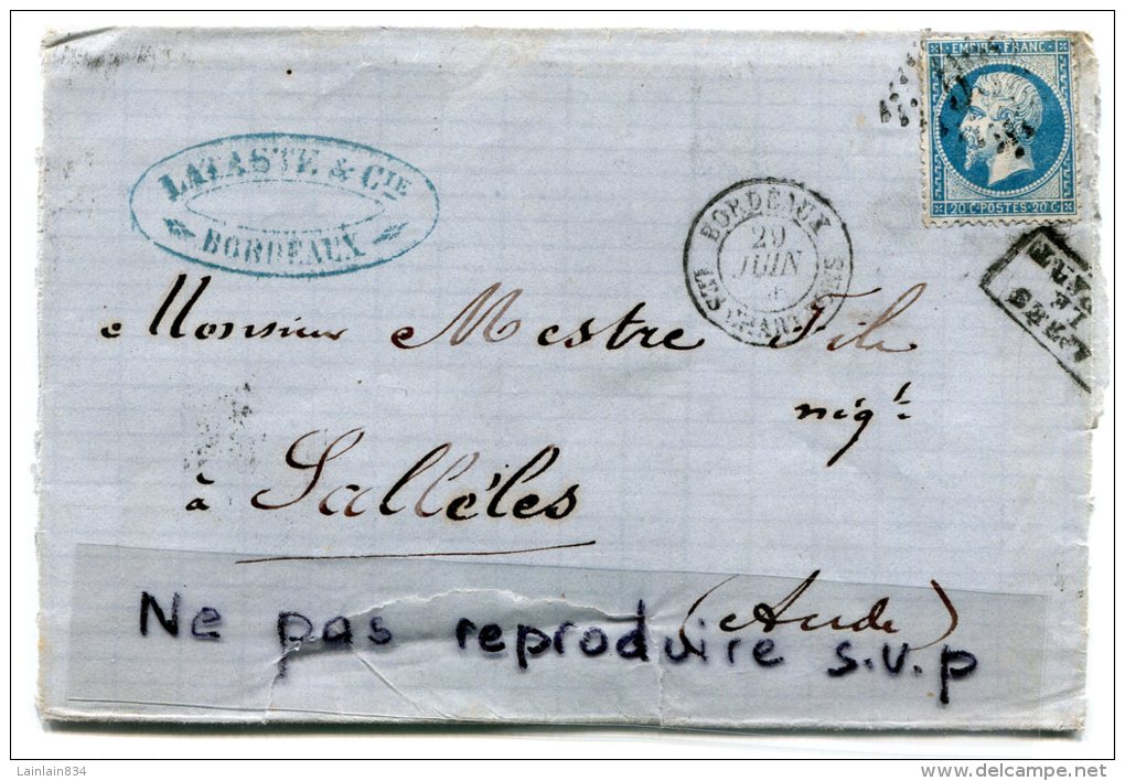 --Pli Sans Texte, Timbre, 1866 ?, Nombreux Cachets, De Bordeaux, Narbonne, Pour Mestre à Salelles, Aude, Scans - 1849-1876: Période Classique