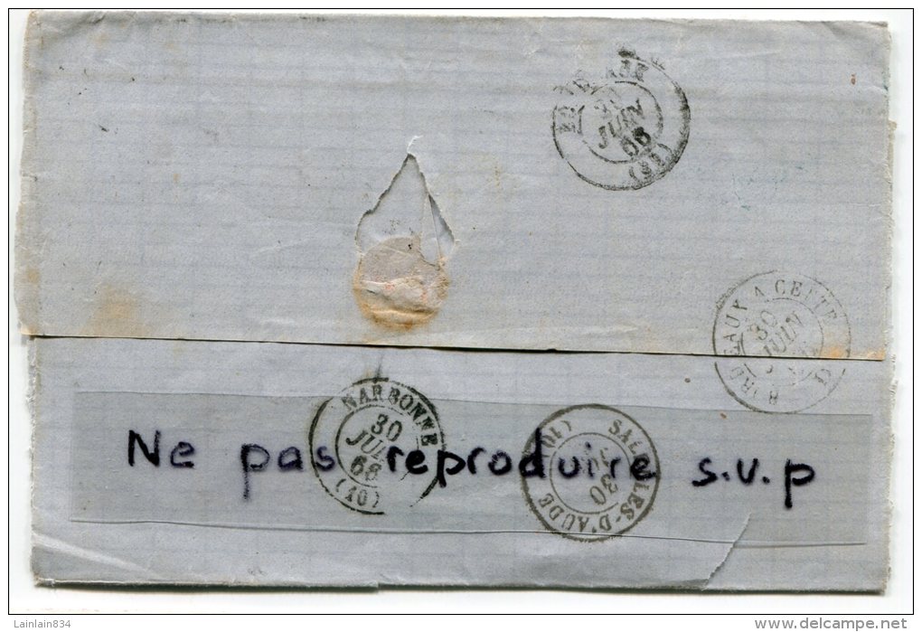 --Pli Sans Texte, Timbre, 1866 ?, Nombreux Cachets, De Bordeaux, Narbonne, Pour Mestre à Salelles, Aude, Scans - 1849-1876: Période Classique