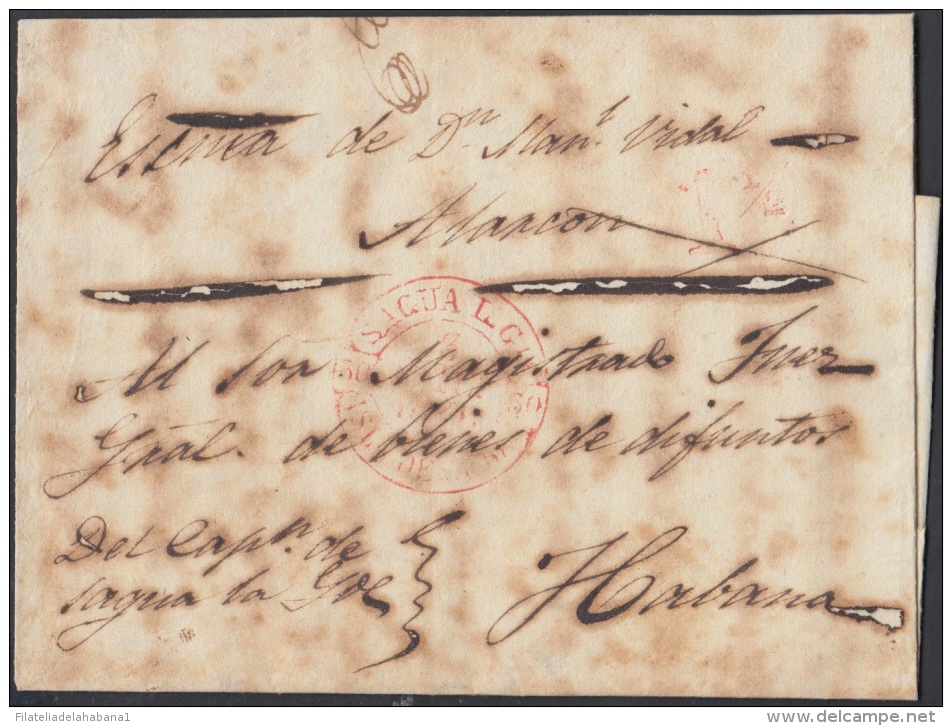 PREFI-268 CUBA ESPAÑA SPAIN. PREFILATELIA.1845. STAMPLESS. SOBRE MARCA SAGUA LA GRANDE EN ROJO. BAEZA POSTMARK RED. - Voorfilatelie