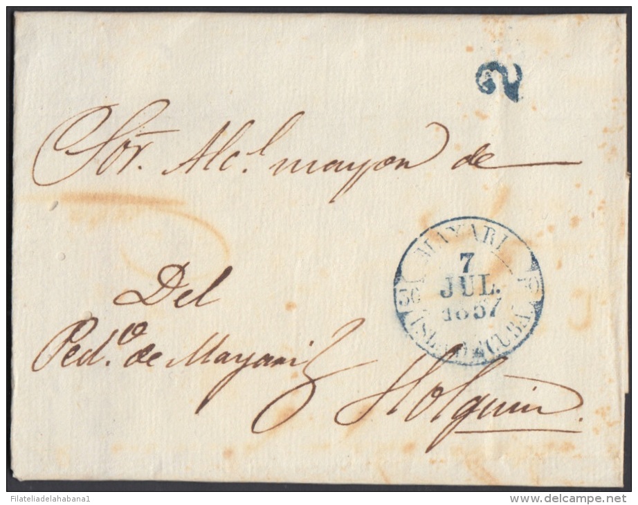 PREFI-270 CUBA ESPAÑA SPAIN. PREFILATELIA.1857. STAMPLESS. SOBRE MARCA MAYARI EN AZUL. BAEZA POSTMARK BLUE. - Prefilatelia