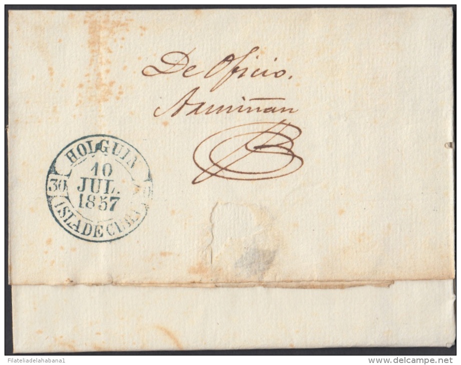 PREFI-270 CUBA ESPAÑA SPAIN. PREFILATELIA.1857. STAMPLESS. SOBRE MARCA MAYARI EN AZUL. BAEZA POSTMARK BLUE. - Prefilatelia