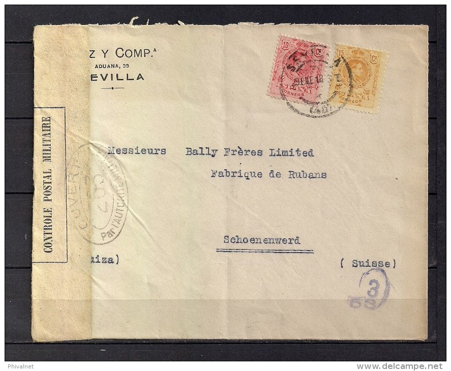 1918 SEVILLA, SOBRE CIRCULADO A SCHOENENWERD EN SUIZA, BANDA Y MARCAS DE CENSURA FRANCESAS - Cartas & Documentos