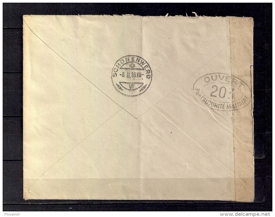 1918 SEVILLA, SOBRE CIRCULADO A SCHOENENWERD EN SUIZA, BANDA Y MARCAS DE CENSURA FRANCESAS - Cartas & Documentos