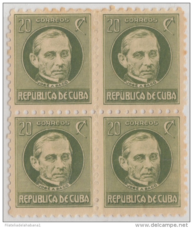 1917-140. CUBA. REPUBLICA. 1917. PATRIOTAS. Ed.211. 20c. JOSE ANTONIO SACO. BLOCK 4. CON GOMA MANCHADA. - Neufs