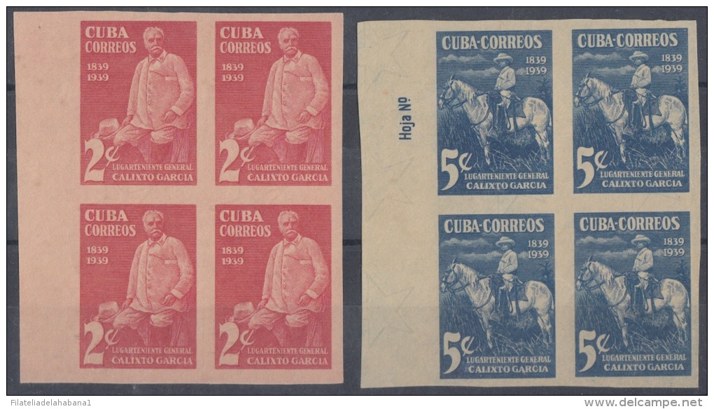 1939-108. CUBA. REPUBLICA. 1939. Ed.334-335s. MAYOR GENERAL CALIXTO GARCIA. IMPERFORADO BLOQUE DE 4. SIN GOMA. - Ongebruikt