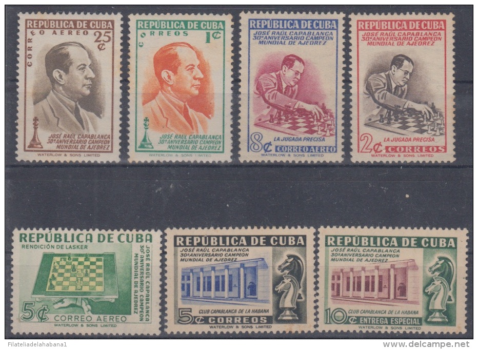 1951-121. CUBA. REPUBLICA. 1951. Ed.457-63. JOSE R. CAPABLANCA. AJEDREZ. CHESS. COMPLETE SET. GOMA ORIGINAL MANCHADA. - Ungebraucht