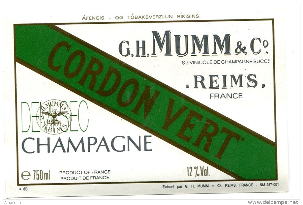 Etiquette Champagne  MUMM  Reims  Cordon  Vert Demi Sec  A  VOIR  !!!!!!! - Other & Unclassified