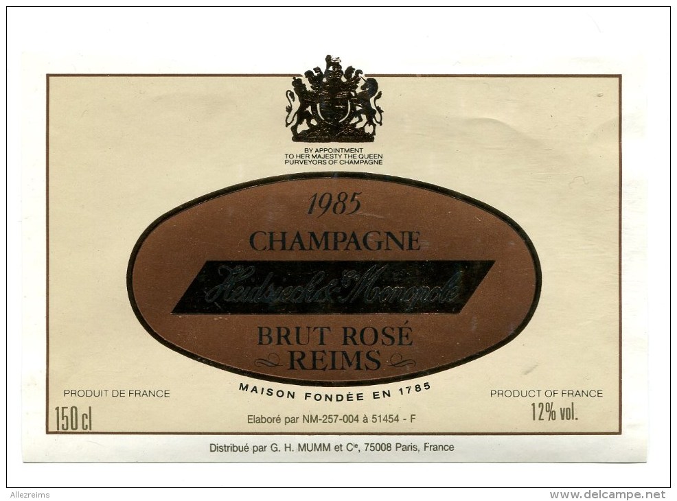 Etiquette Champagne    Reims  HEIDSIECK   Magnum  Rosé   1985  A  VOIR  !!!!!!! - Autres & Non Classés