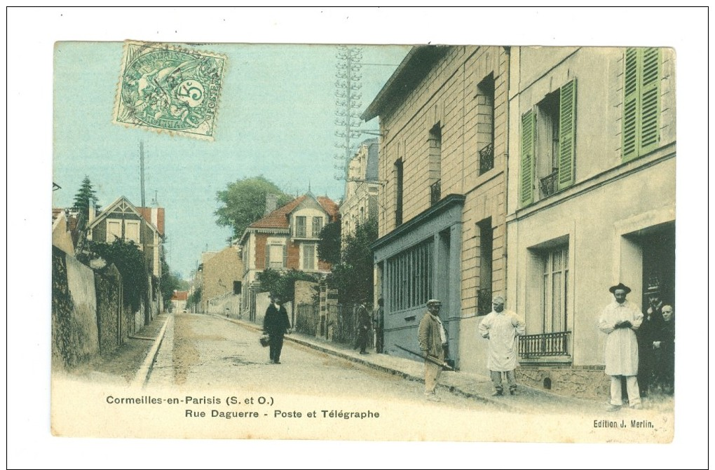 CORMEILLES EN PARISIS Rue Daguerre Poste Et Télégraphe Edit Merlin Colorisée 1907 - Autres & Non Classés