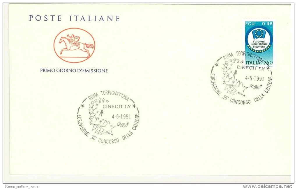 ITALIA REPUBBLICA - FDC CAVALLINO - ANNO 1991 - MARCOFILIA - CINECITTA' - EUROVISIONE 36° CONCORSO DELLA CANZONE - FDC