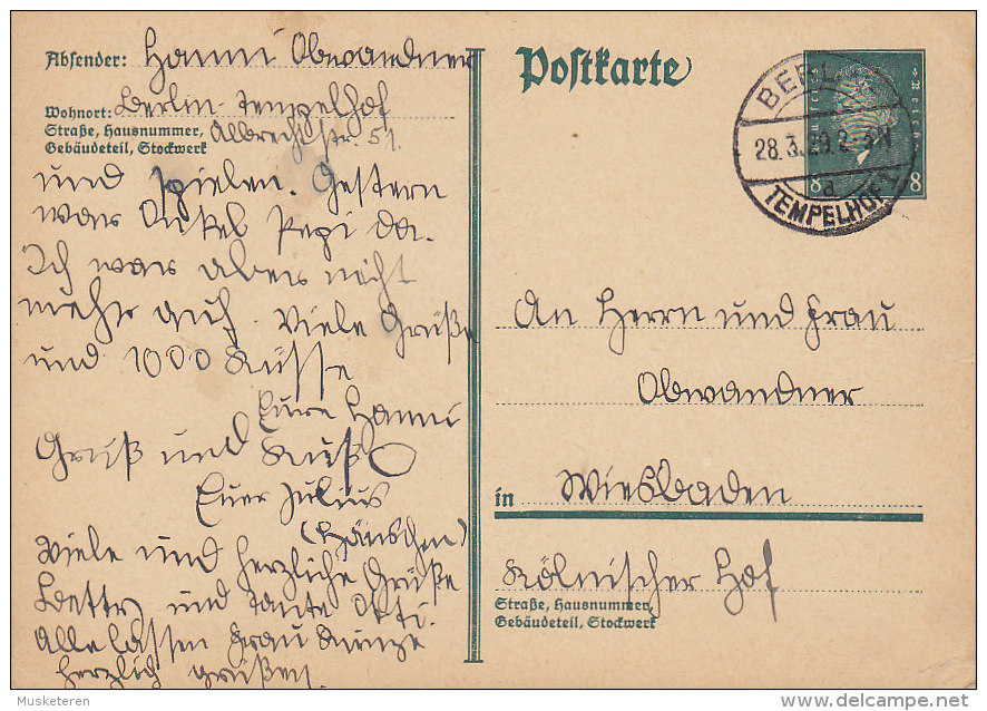 Germany Deutsches Reich Postal Stationery Ganzsache Entier BERLIN-TEMPELHOF 1929 8 Pf. Ebert (2 Scans) - Cartoline