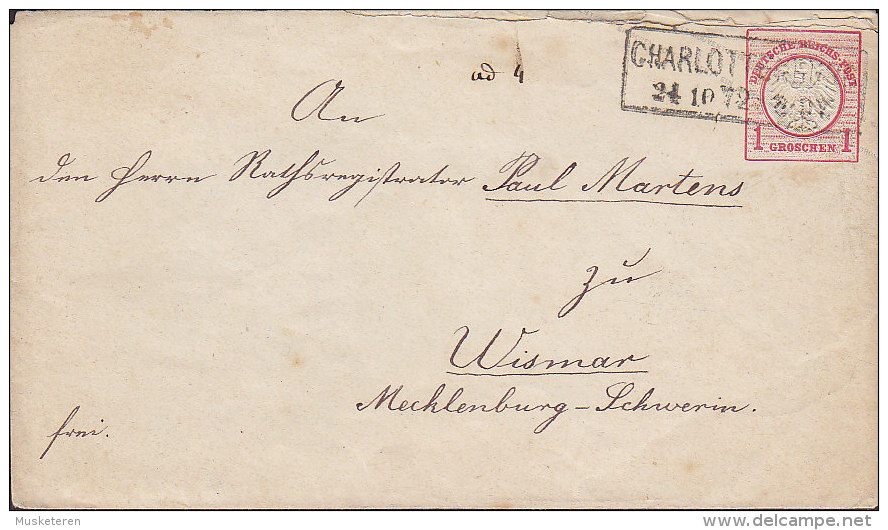 Germany Deutsches Reichs Post Postal Stationery Ganzsache Entier 1 Gr. Brustschild CHARLOTTENBURG 1872 WISMAR (2 Scans) - Enveloppes