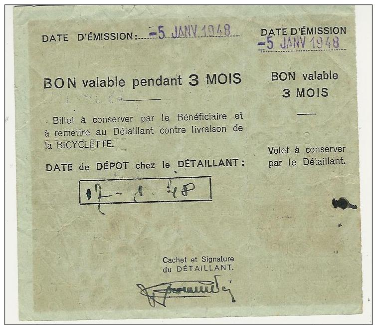 RATIONNEMENT- Billet D'achat De Bicyclette Pour Une Personne De St Dié (Vosges) -1948- - Verkehr & Transport