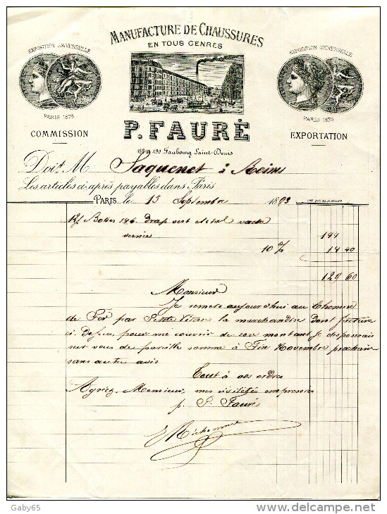 MANUFACTURE DE CHAUSSURES EN TOUS GENRES.P.FAURE 188 à190 FAUBOURG SAINT DENIS.PARIS. - Textile & Vestimentaire