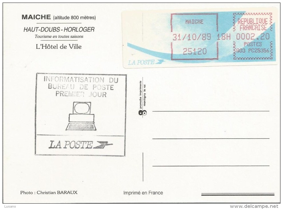 CP Maîche (25) Avec Vignette Du 31-10-89 1er Jour Informatisation Du Bureau De Poste - 1988 Type « Comète »