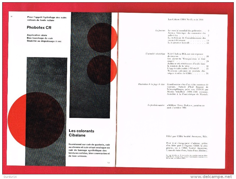 1 Plaquette Illustrée...Photos...Autres... 36 Pages N° 65 -1956-  Les Cahiers CIBA - LA FOURRURE (Pelleterie...) - Autres & Non Classés