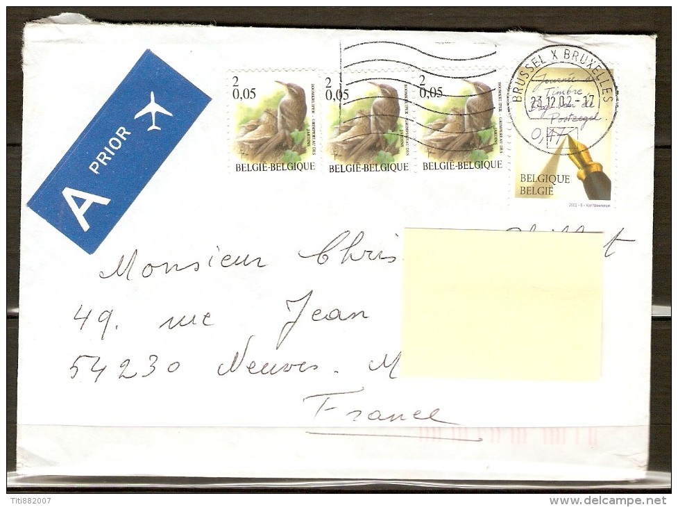 BELGIQUE  -   2002   .   Belle Lettre Pour La France.     Timbres  -  Journée Du Timbre  /  Ecriture  /  Oiseaux - Lettres & Documents