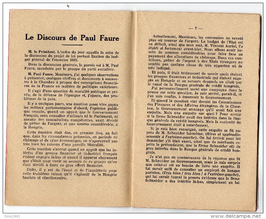 L10 - Parti Socialiste - Le Discourt De Mr Paul FAURE Député Du Creusot - Prononcé à La Chambre .. PARIS - Contemporary Politics