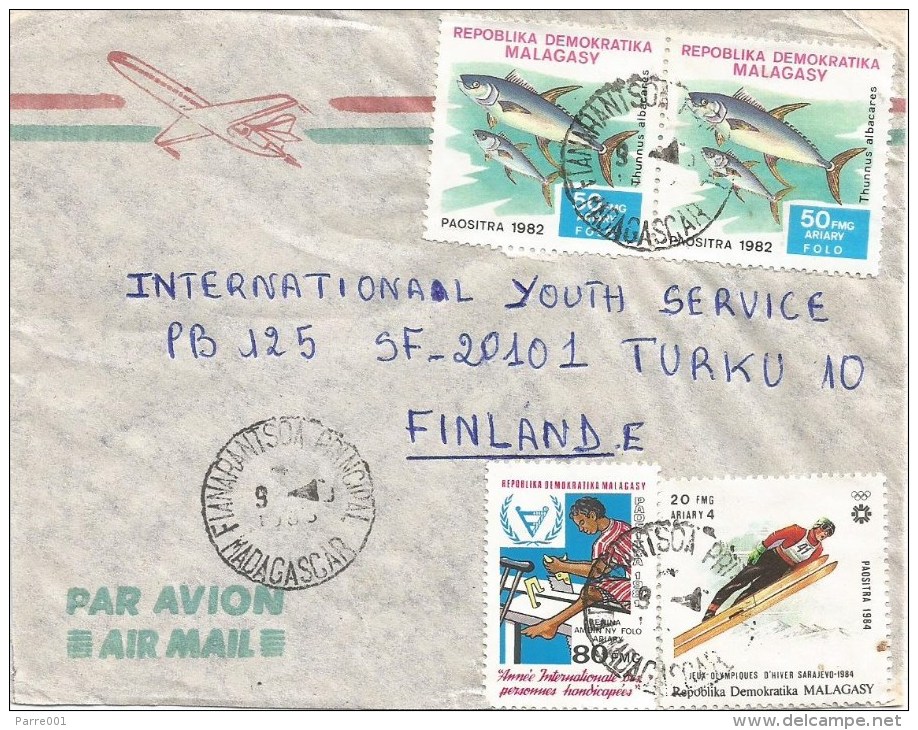 Madagascar 1995 Fianarantsoa Jump Skiing Olympic Games Sarajevo Handicapped Year Tuna Fish Cover - Invierno 1984: Sarajevo