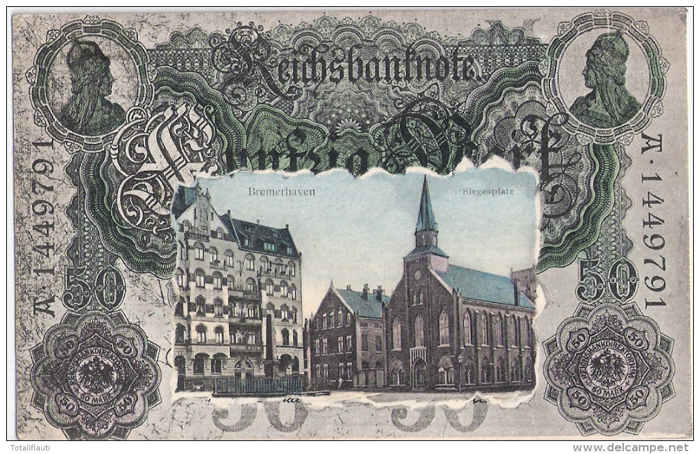 BREMERHAVEN Fünfzig Mark Reichs Banknote Siegesplatz Color Litho 13.7.1908 Gelaufen - Bremerhaven