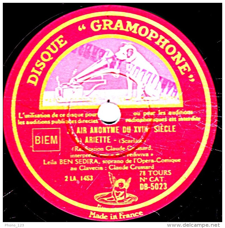 78 Trs - 30 Cm - DISQUE GRAMOPHONE  DB-5023 - état EX -  Leîla BEN SEDIRA - Air Anonyme Du XVII - ARIETTE - ARIETTES - 78 Rpm - Gramophone Records