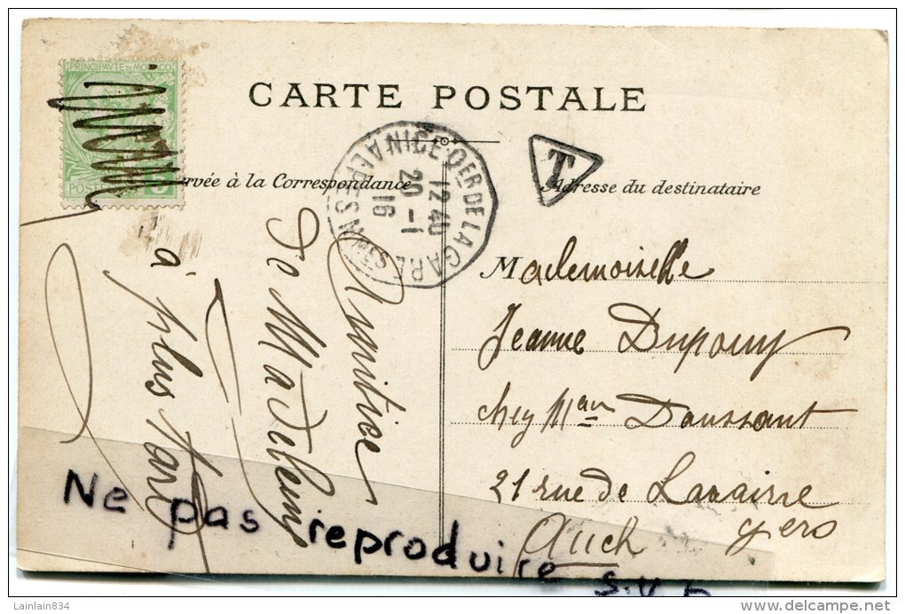 - Timbre Principauté De Monaco, Sur CPA, Taxée, Avec Cachet De NICE-GARE, Bizarre, 1916,  BE, Scans. - Marcophilie