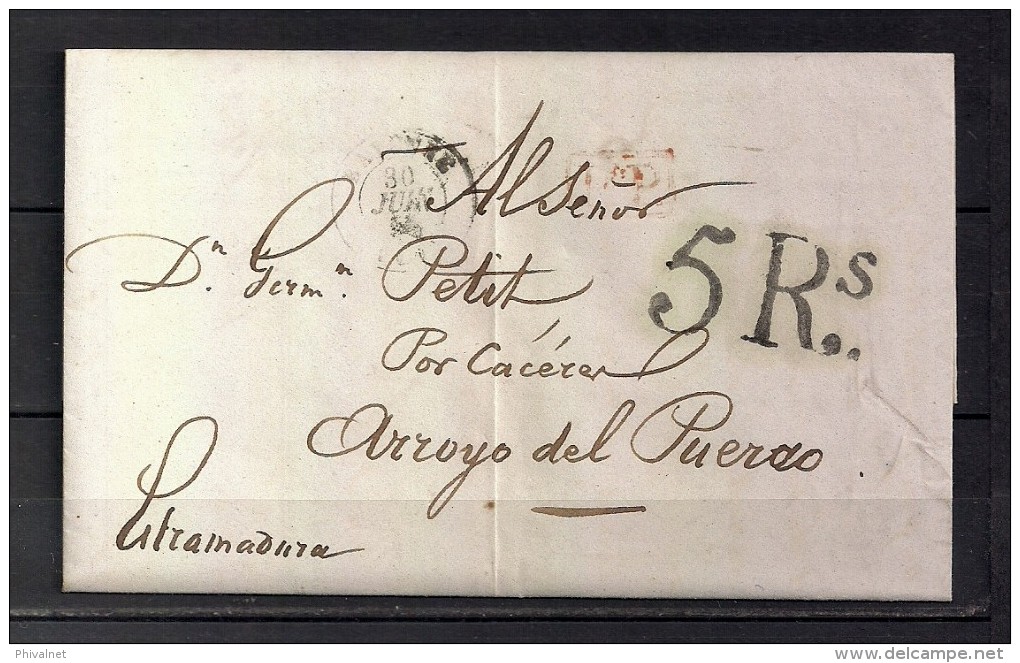 1845 BAYONNE, CARTA COMPLETA CIRCULADA ENTRE BAYONA Y ARROYO DEL PUERCO, MARCA P.P., PORTEO - 1801-1848: Precursores XIX