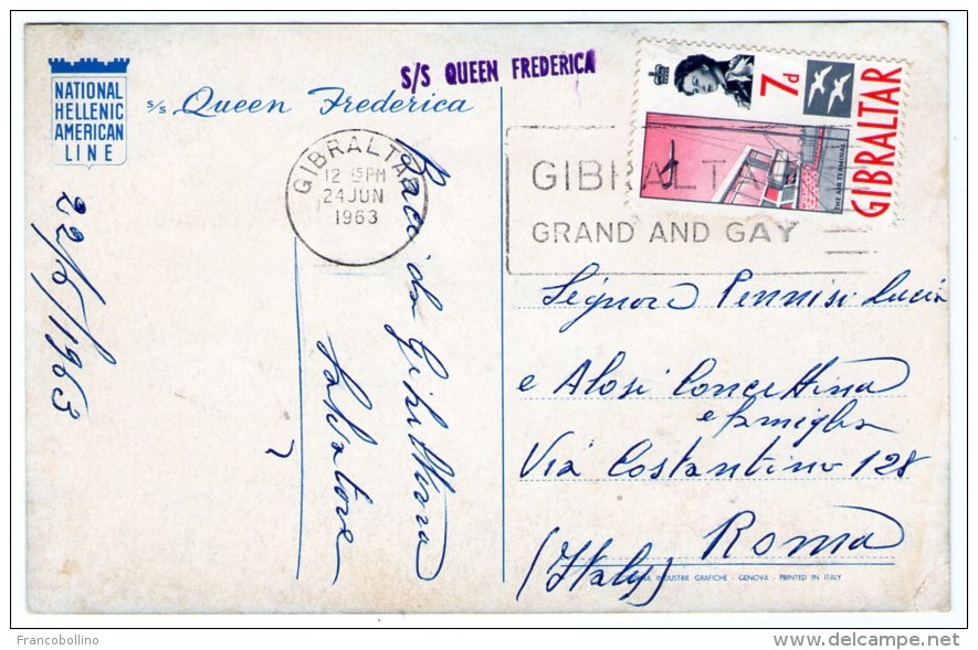 S/S QUEEN FREDERICA-NATIONAL HELLENIC AMERICAN LINE/ SHIP / CRUISER / WITH GIBRALTAR STAMP - Piroscafi