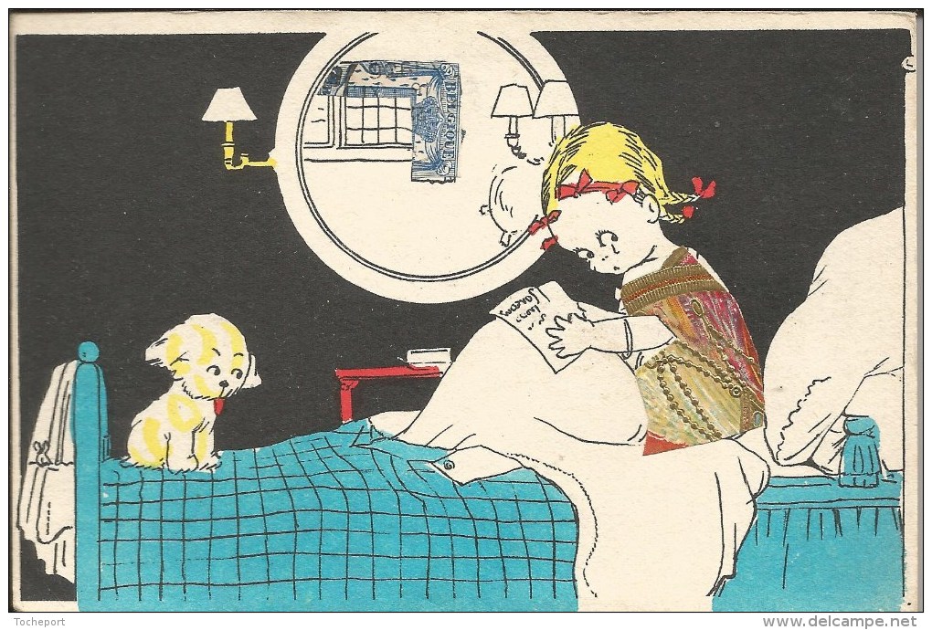 A VOIR ILLUSTRATEUR BEATRICE MALLET ENFANT CHIEN LIT  CP DOREE GLASE FENETRE VETEMENT ART DECO - Other & Unclassified