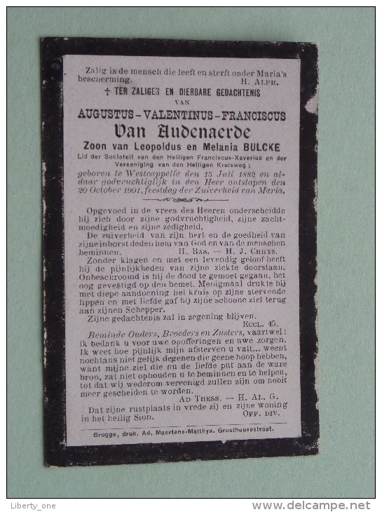 DP Augustus Van AUDENAERDE ( Zoon Van Bulcke ) Westcappelle 15 Juli 1882 / 20 Oct 1901 ( Zie Foto´s Voor Details ) ! - Religione & Esoterismo