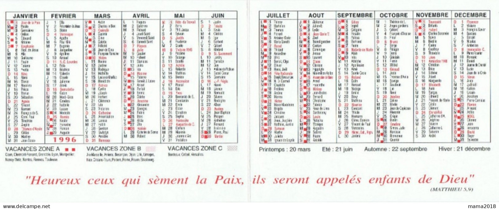 Calendrier    PAIX   1996      10 Cm  X  12.5 Cm - Formato Piccolo : 1991-00