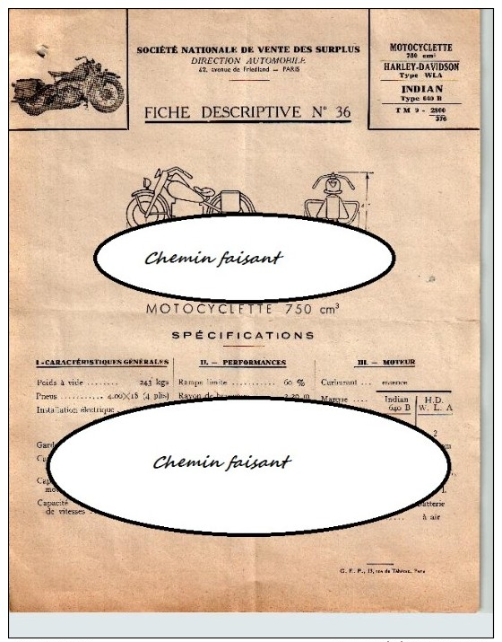 Document Du ?? SNVS   Motos HARLEY DAVIDSON 750wla - INDIAN 640B - 1950 - ...