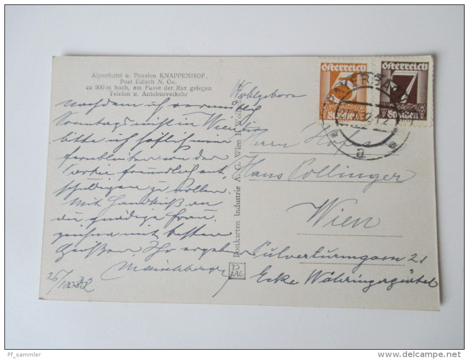 AK 1932 Österreich- Raxalpe, Knappenhof. Alpenhotel U. Pension. Knappenhof. Post Edlach. Echtfoto - Raxgebiet