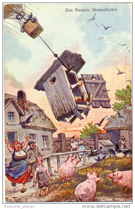 Fliegendes Toilettenhäuschen, "Des Bauers Himmelfahrt", Sign. Arthur Thiele - Thiele, Arthur