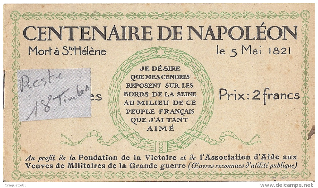 CARNET -CENTENAIRE DE NAPOLEON- AU PROFIT DE LA FONDATION DE LA VICTOIRE ET DE L'ASSOCIATION DE L'AIDE AUX VICTIMES DE - Otros & Sin Clasificación