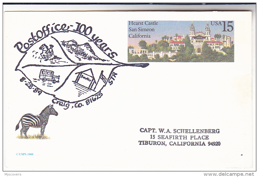 1989 CRAIG Co POST OFFICE CENTENNIAL EVENT COVER (card) Illus HORSE MAIL VAN Usa Horses Zebra Postal Stationery Stamps - Correo Postal